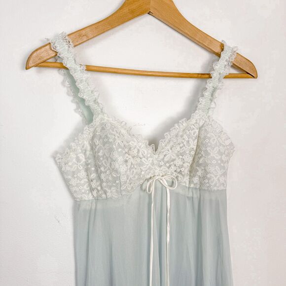 Vintage Olga 1970s/1980s Soft Blue White Floral Lace Chiffon Sheer Nightgown - Picture 2 of 7